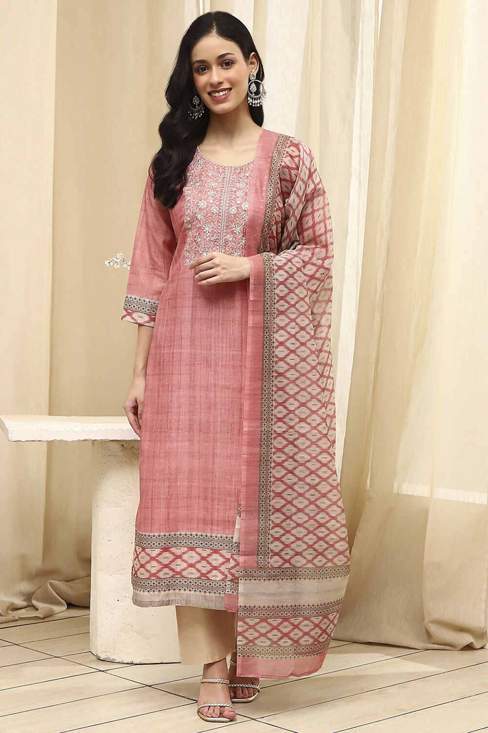 Peach Cotton Screen Print Unstitched Suit Set image number 7