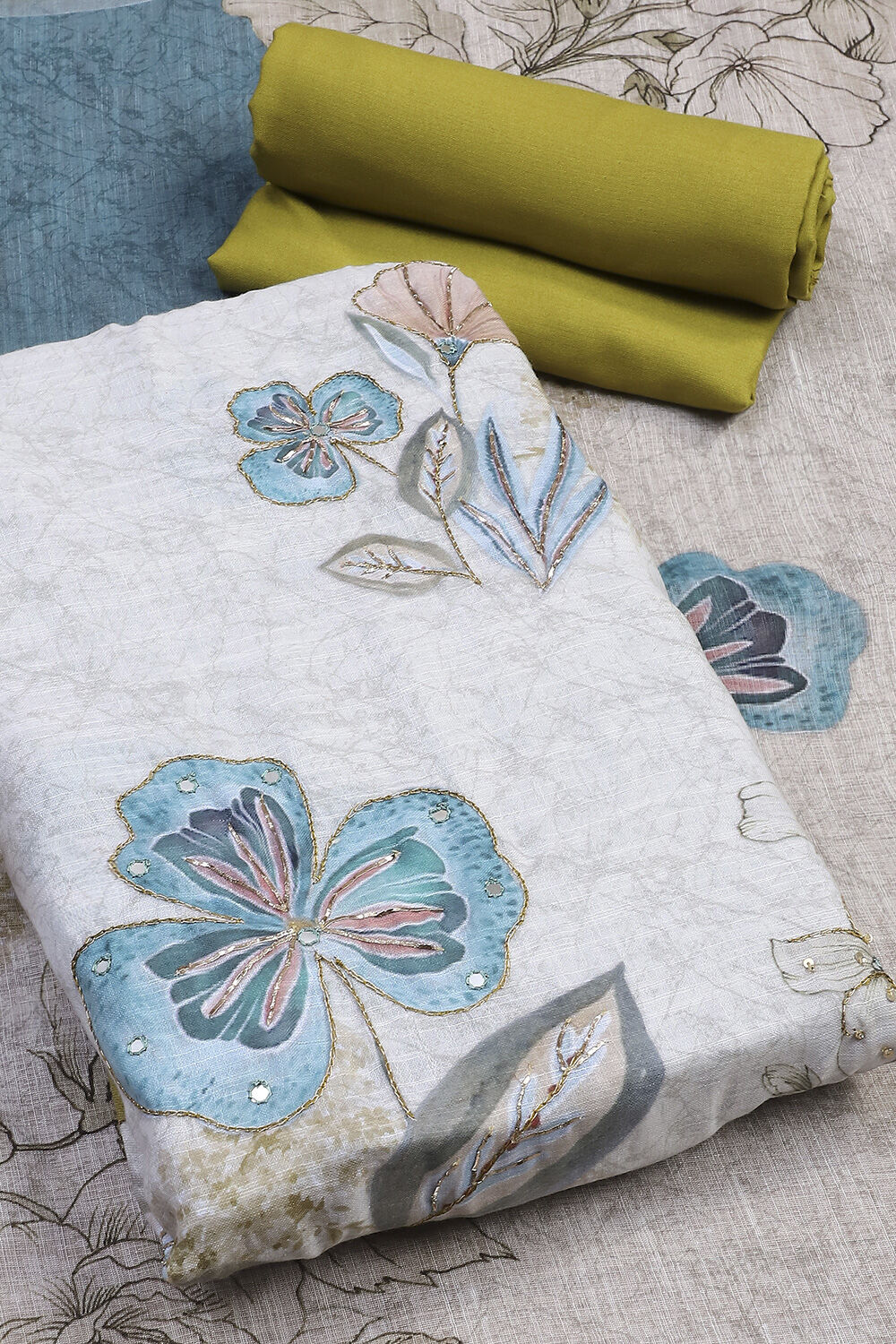 Light Green Linen Embroidered Unstitched Suit Set image number 3