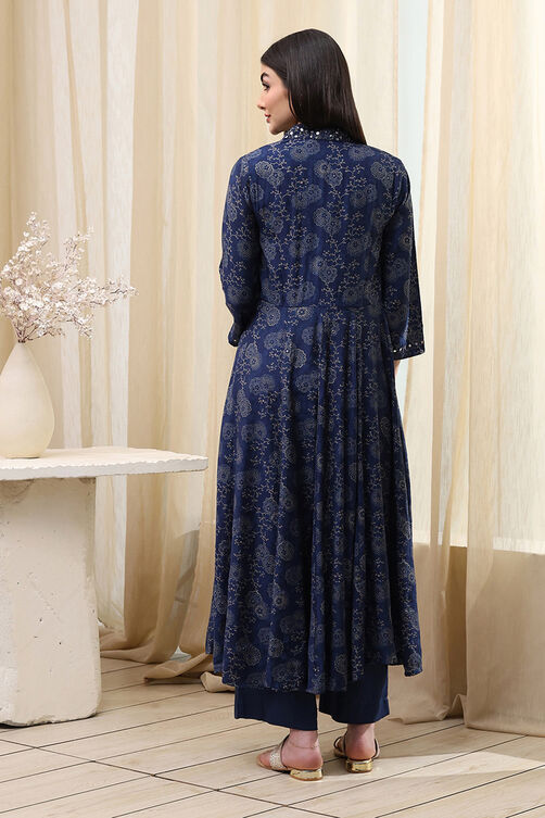 Navy Blue Printed Angrakha Style Anarkali Suit Set image number 4