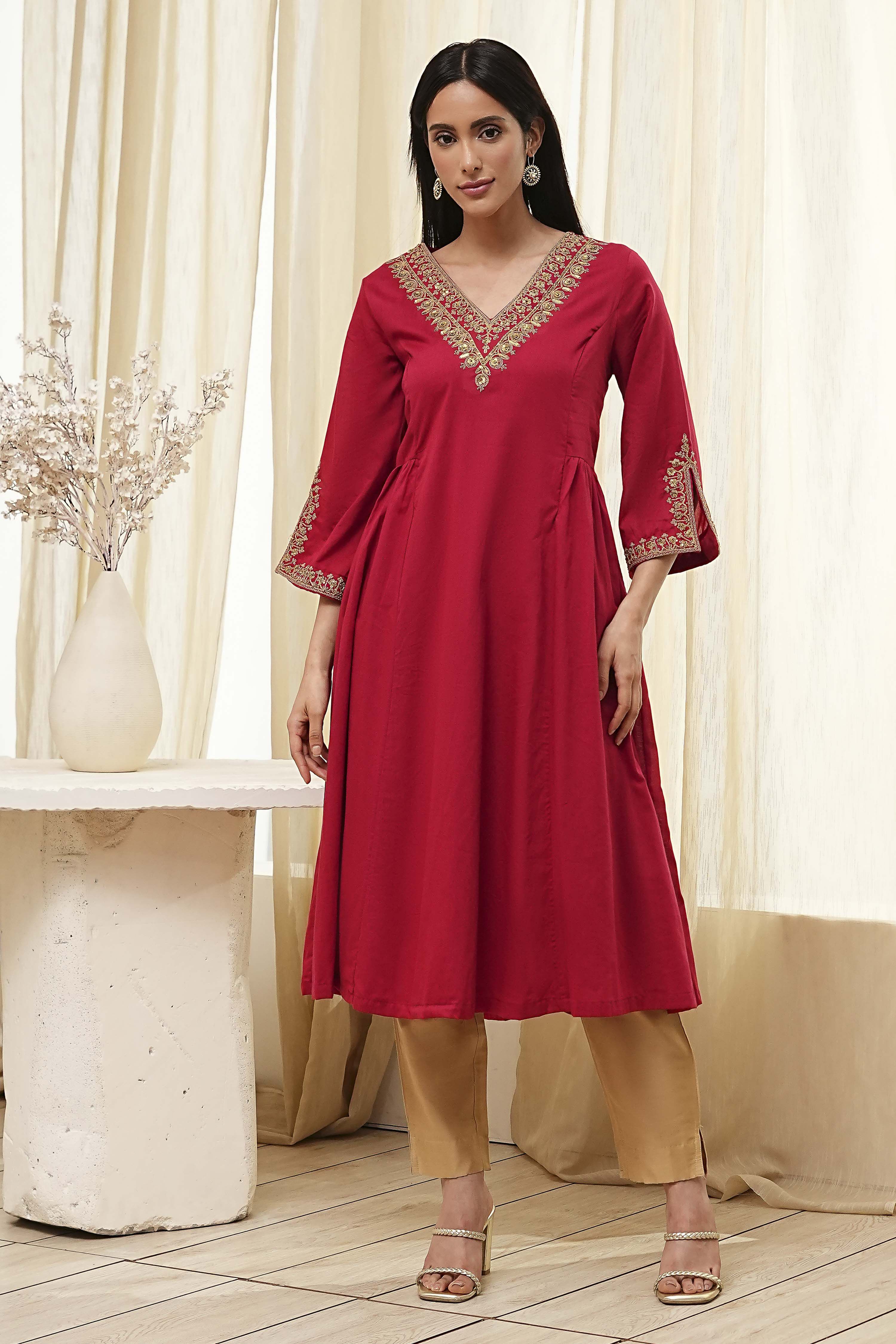 Red Cotton Solid A-Line Kurta image number 5