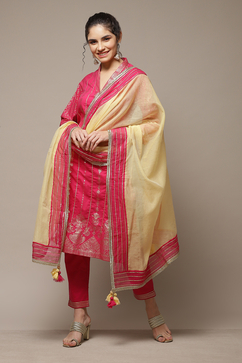 Fuchsia Cotton Straight Kurta Pants Suit Set image number 5