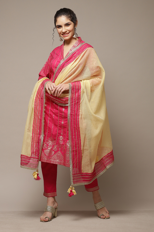 Fuchsia Cotton Straight Kurta Pants Suit Set image number 5