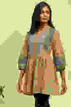 Beige Cotton Printed Flared Kurti image number 2