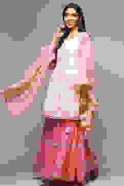 Off White & Peach Cotton Straight Kurta Garara Suit Set image number 5