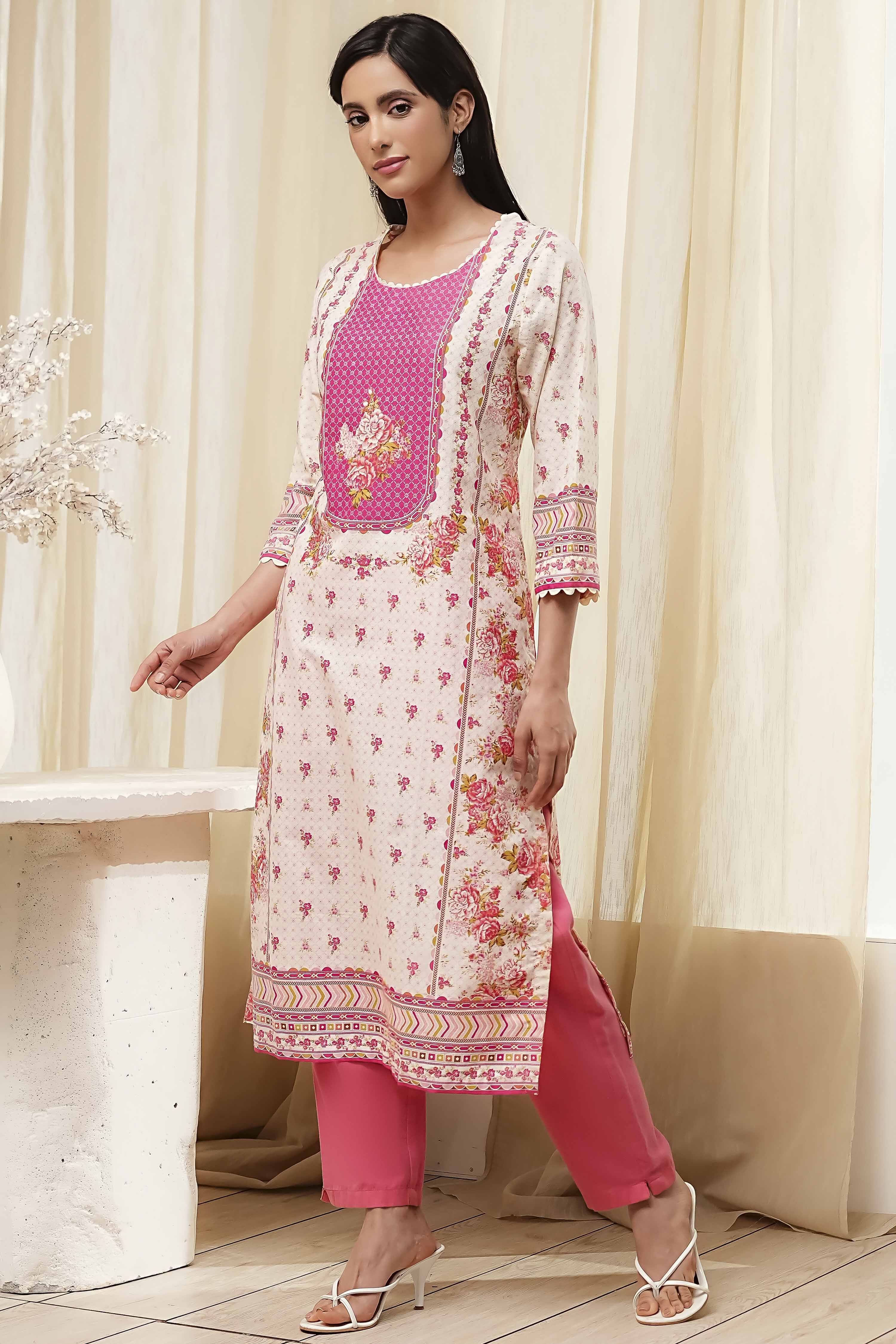 Pink Cotton Printed Straight Kurta image number 2