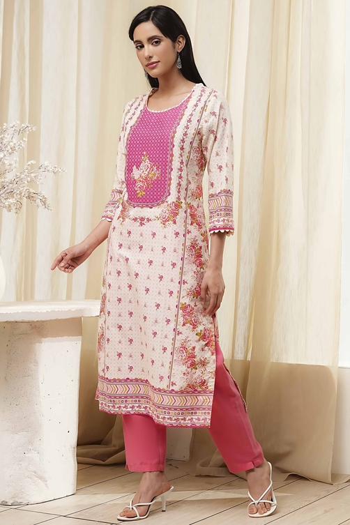 Pink Cotton Printed Straight Kurta image number 2