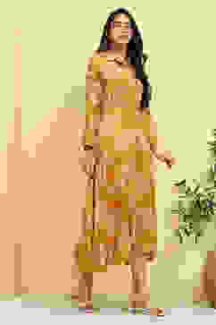 Mustard Yellow Floral Printed Shirt Style A-line Dress image number 4