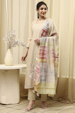 Beige Chanderi Embroidered Unstitched Suit Set image number 1