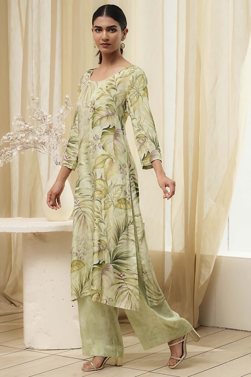Green Modal Floral Printed Straight Kurta Set image number 3