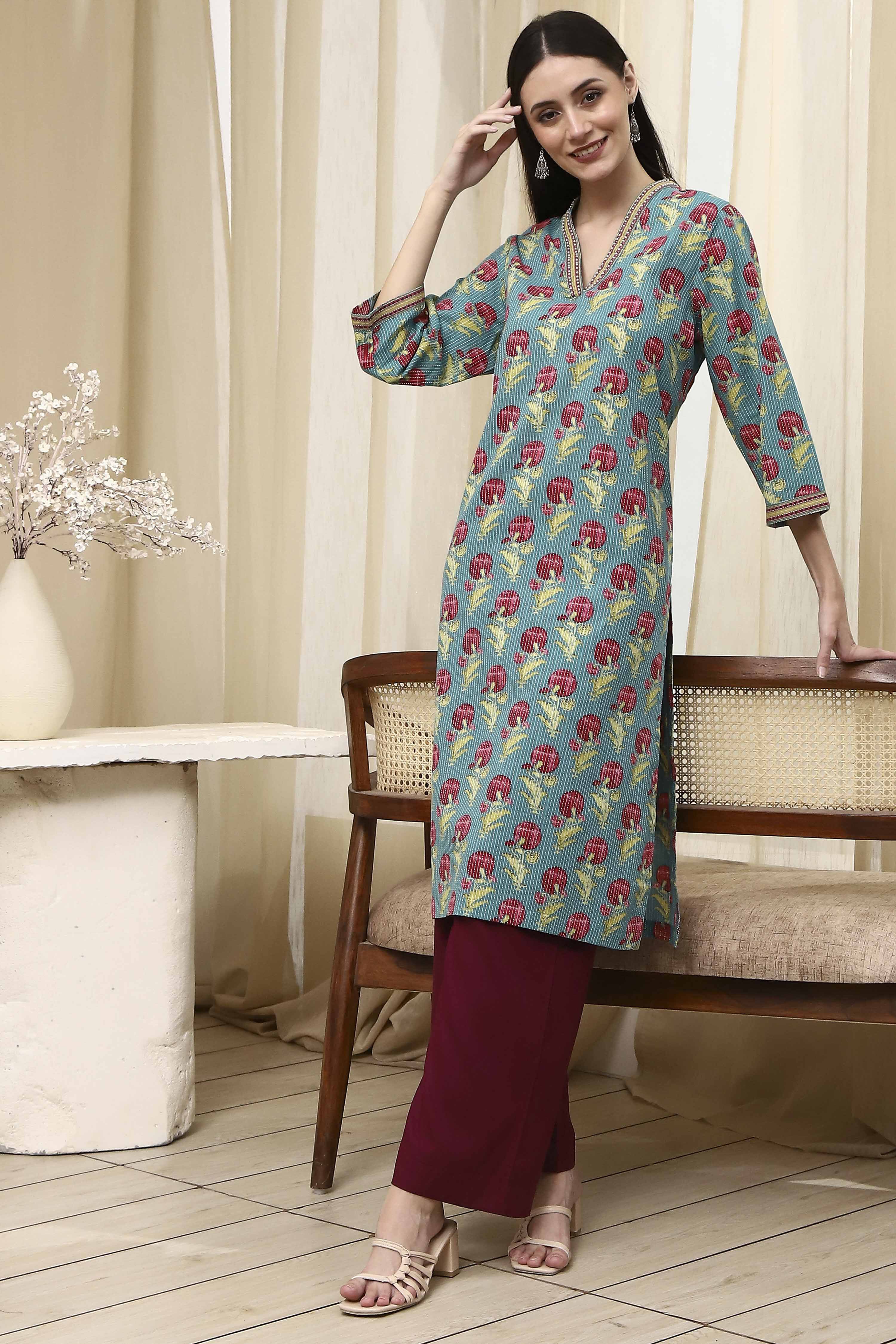 Teal Cotton Printed Straight Kurta image number 0
