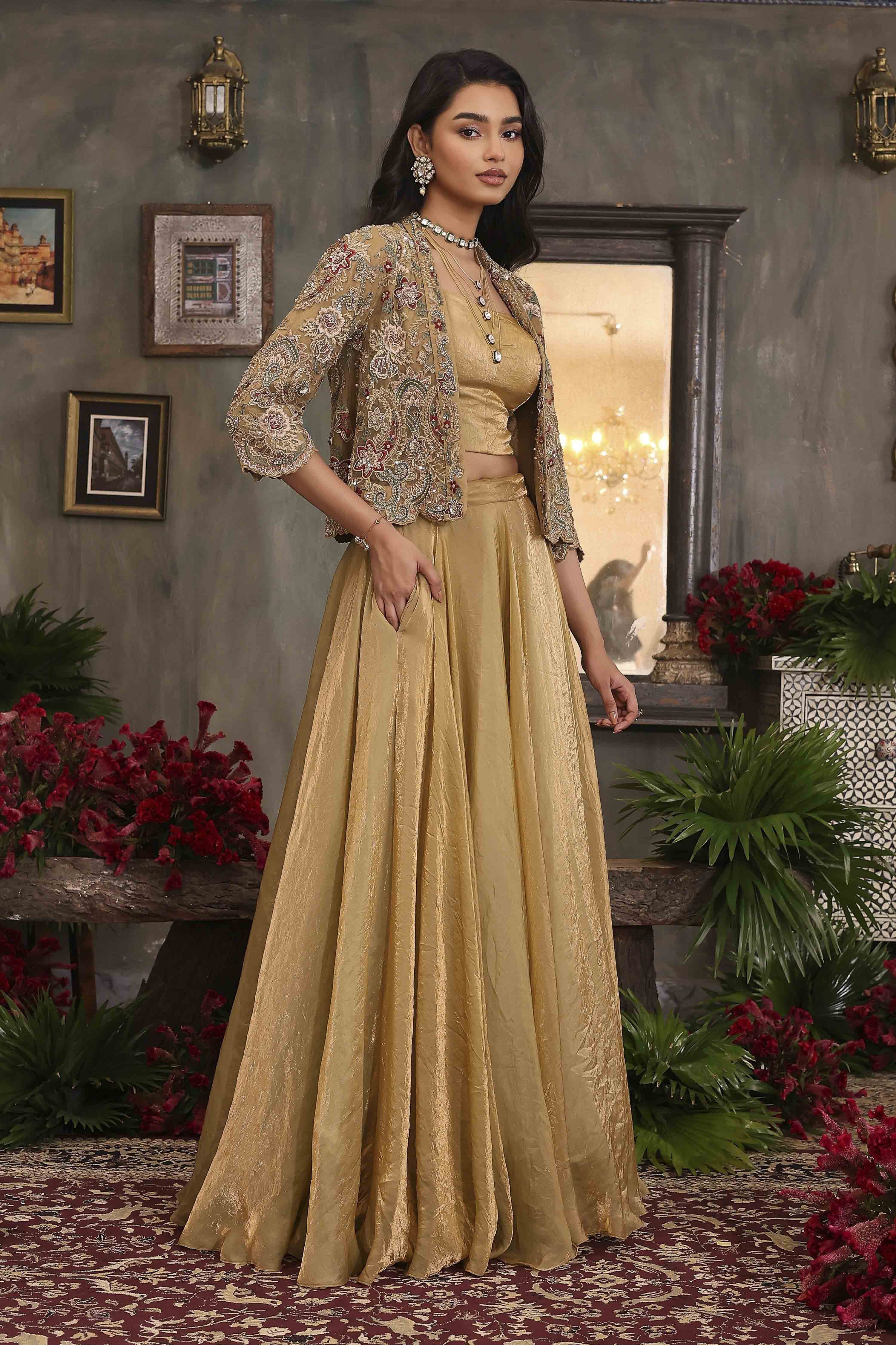 Gold Toned Art Silk Solid Lehenga Set With Jacket image number 5