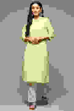 Green Cotton Blend Straight Yarndyed Kurta image number 3