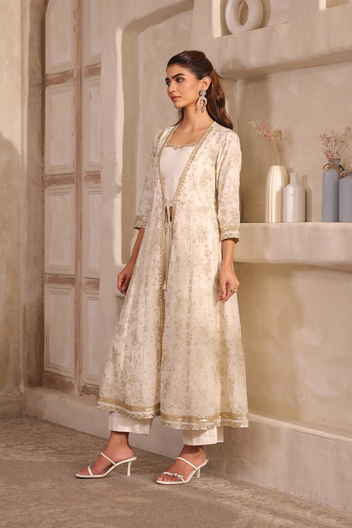 Natural White Embroidered Anarkali Fusion Set image number 3