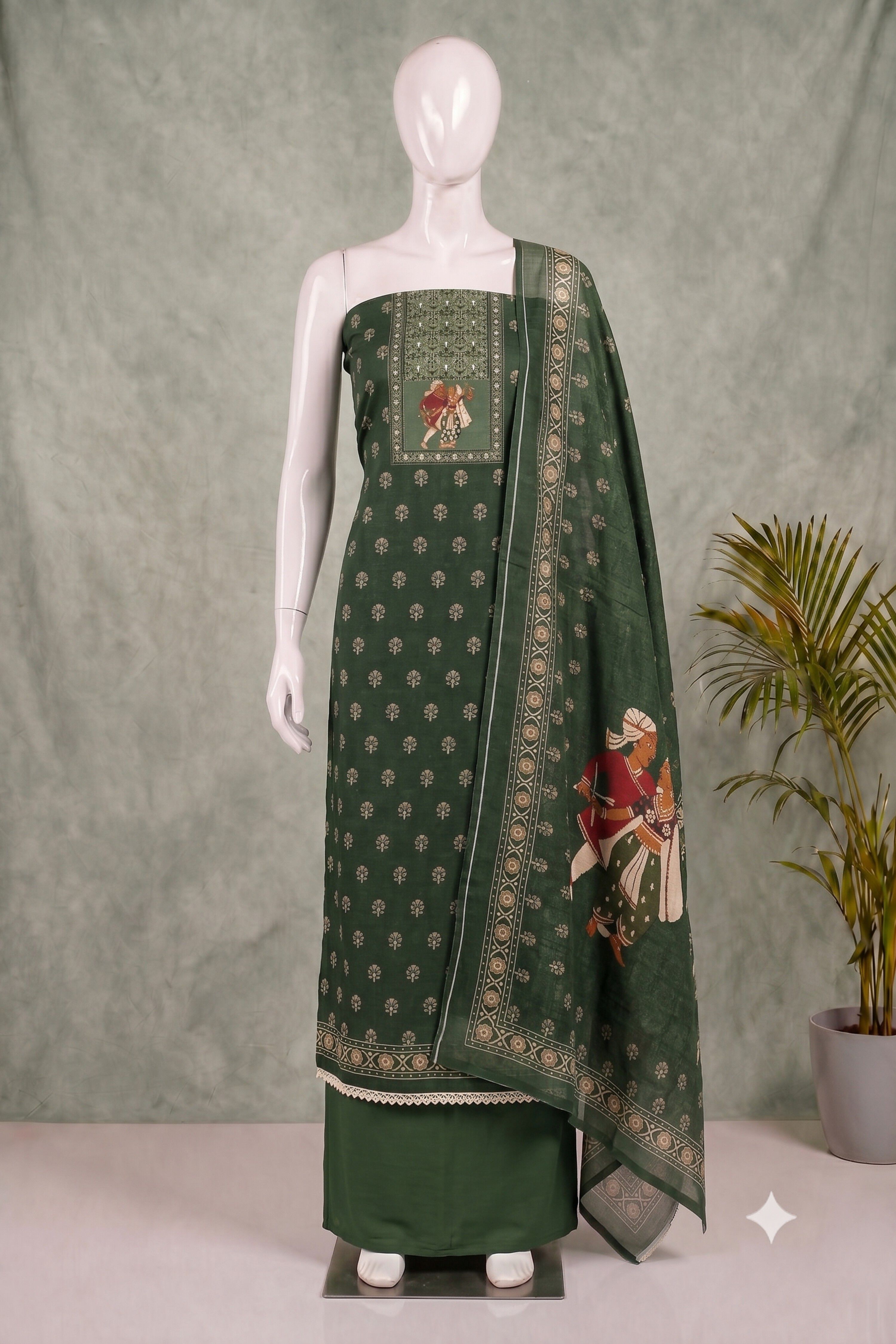 Green Linen Hand Work With Rajasthani Print Unstitched Suit Set image number 3