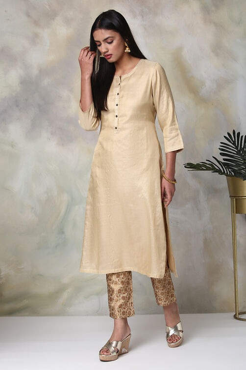 Brown Metallic Cotton Straight Kurta Pants Set image number 3