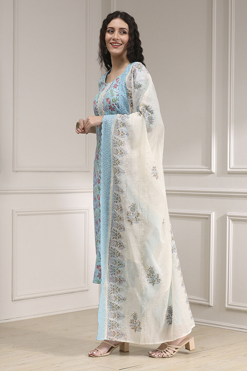 Turquoise Chanderi Handloom Unstitched Suit Set image number 4