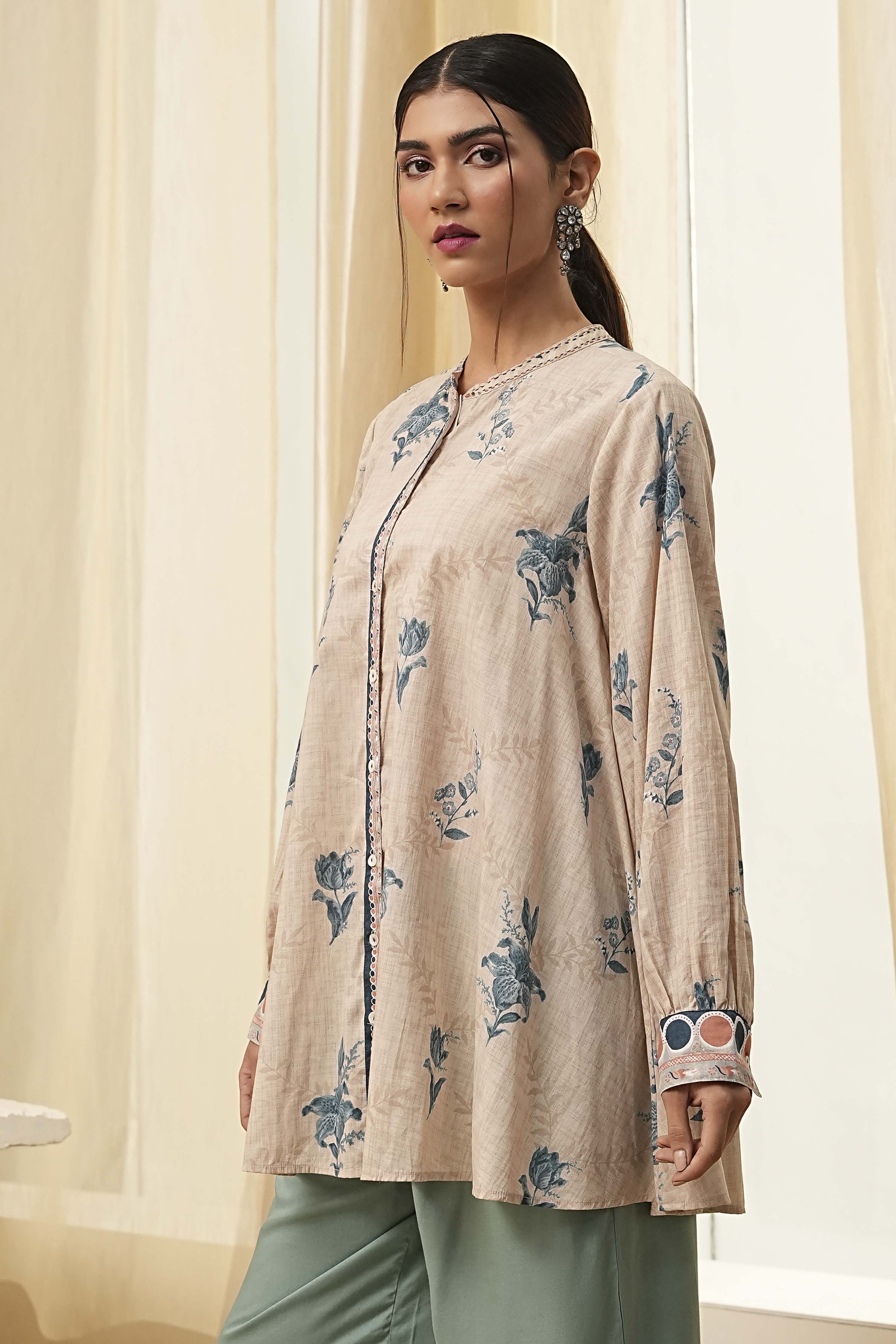 Beige Pure Cotton Shirt-Style A-Line Short Kurta image number 2