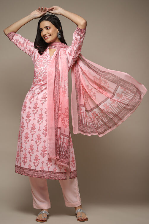 Beige Chanderi Machine Embroidered Unstitched Suit Set image number 1