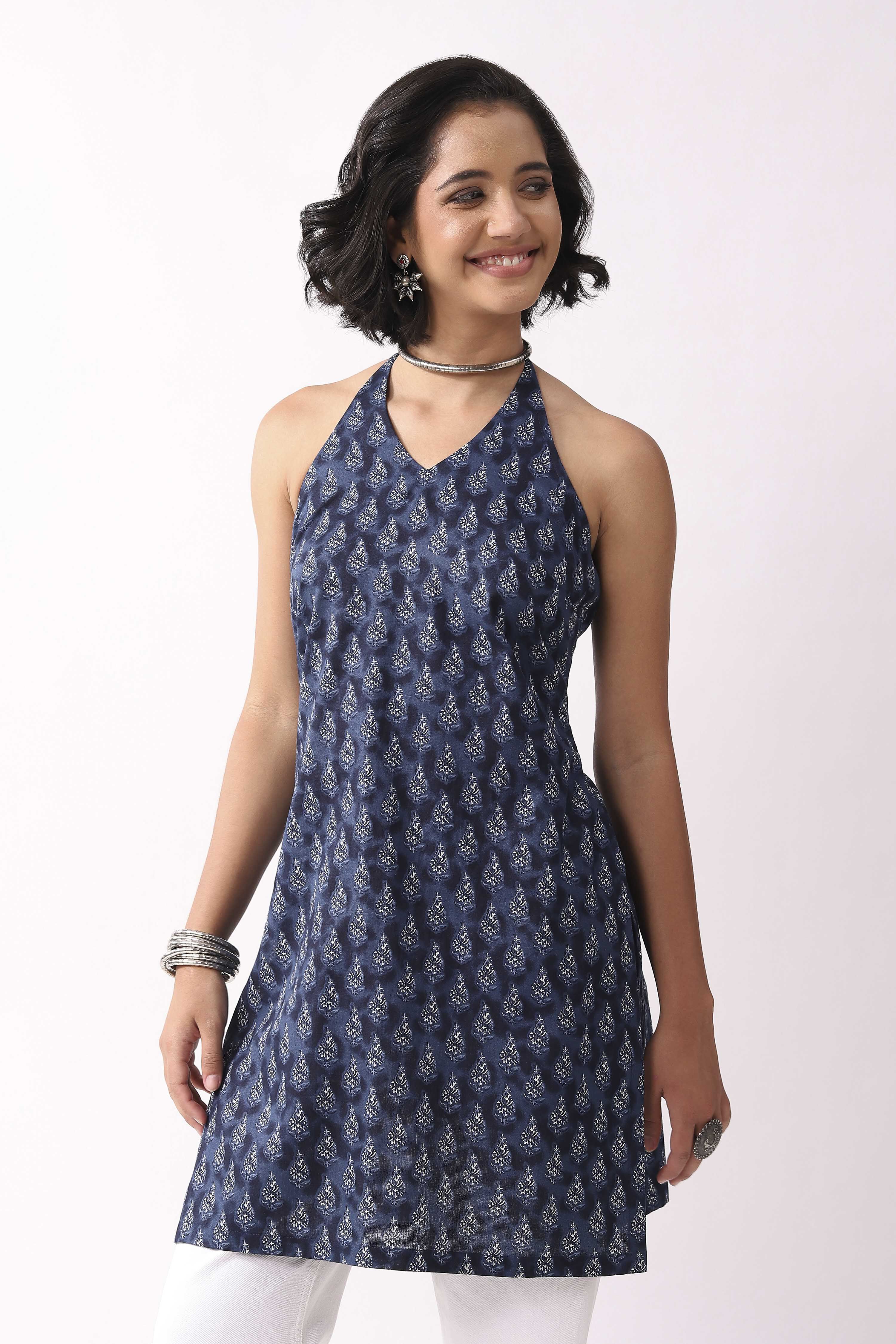 Indigo Cotton Printed A Line Short Kurti image number 6