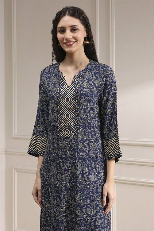 Blue Printed Straight Kurta image number 1