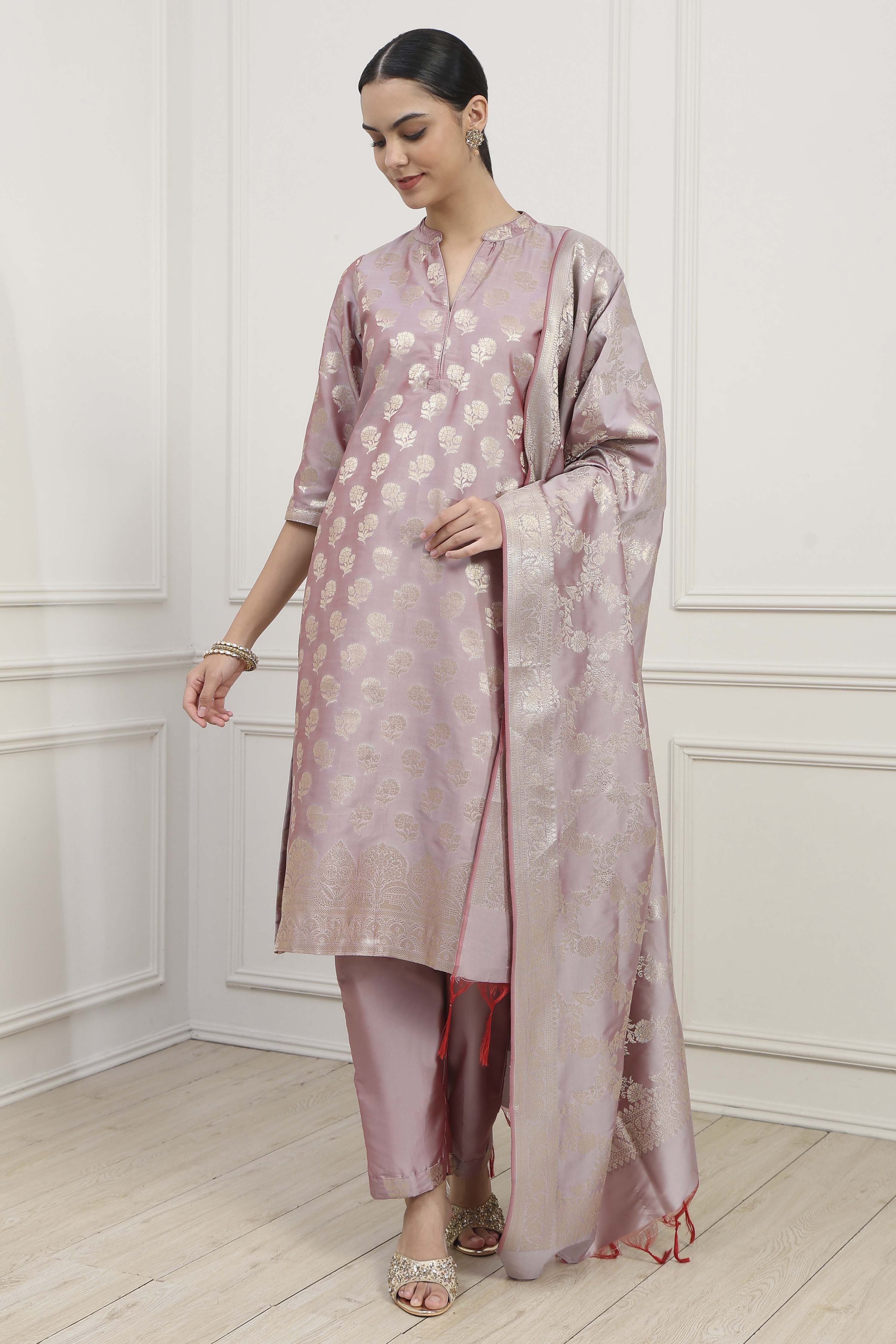 Purple Silk Blend Banarasi Unstitched Suit Set image number 1