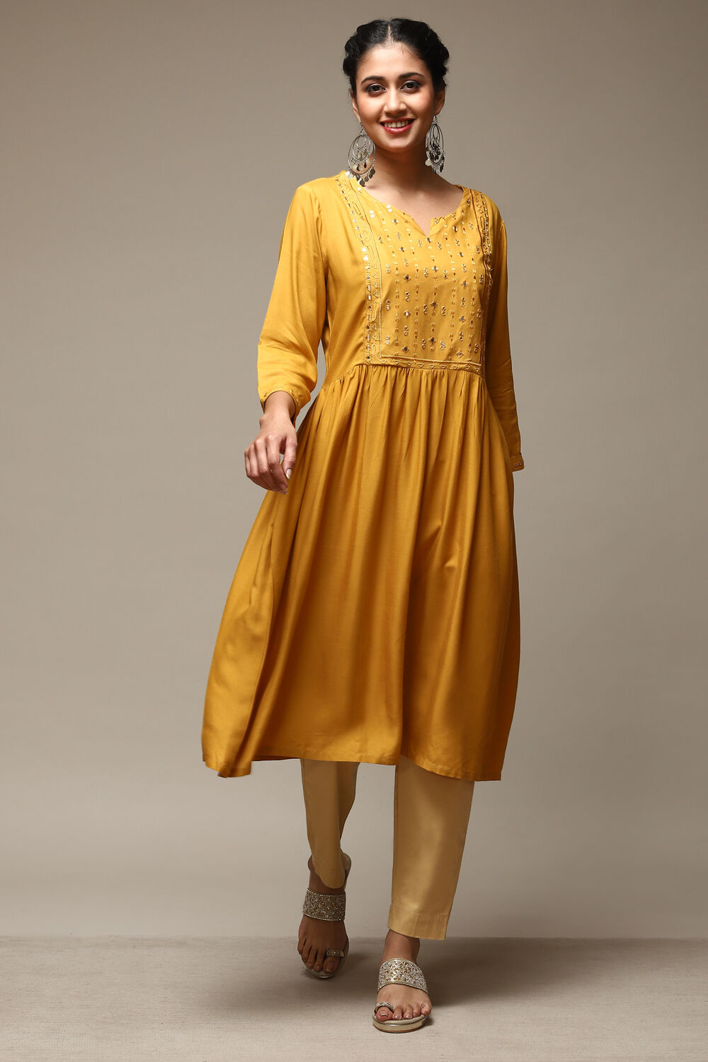 Mustard Rayon Flared Kurta image number 0