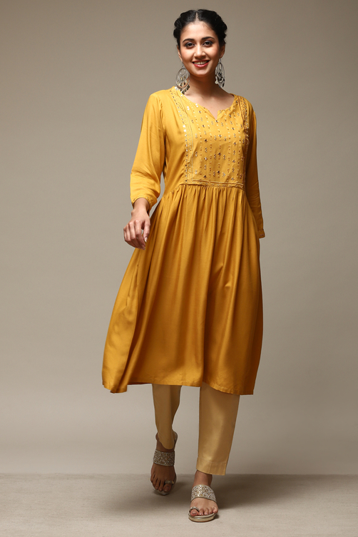 Mustard Rayon Flared Kurta image number 0