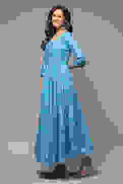 Turquoise Cotton Straight Printed Dress image number 3