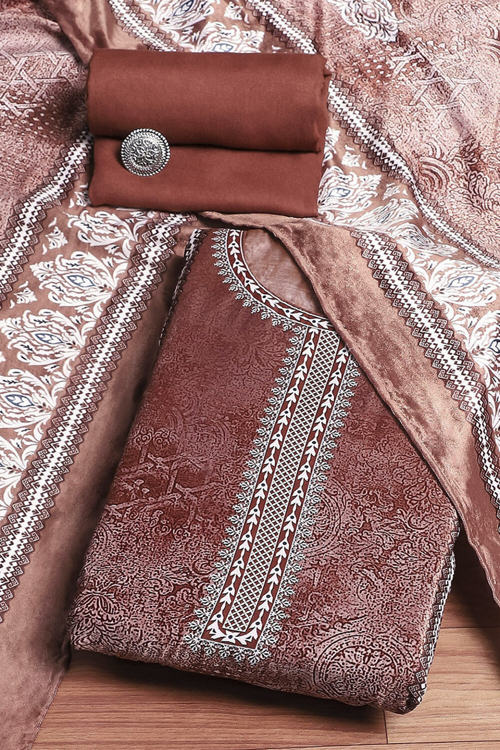 Rust Velvet Digital Print Unstitched Suit Set image number 0