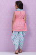 Pink Blue Cotton Flared Kurta Dhoti Salwar Suit Set image number 4