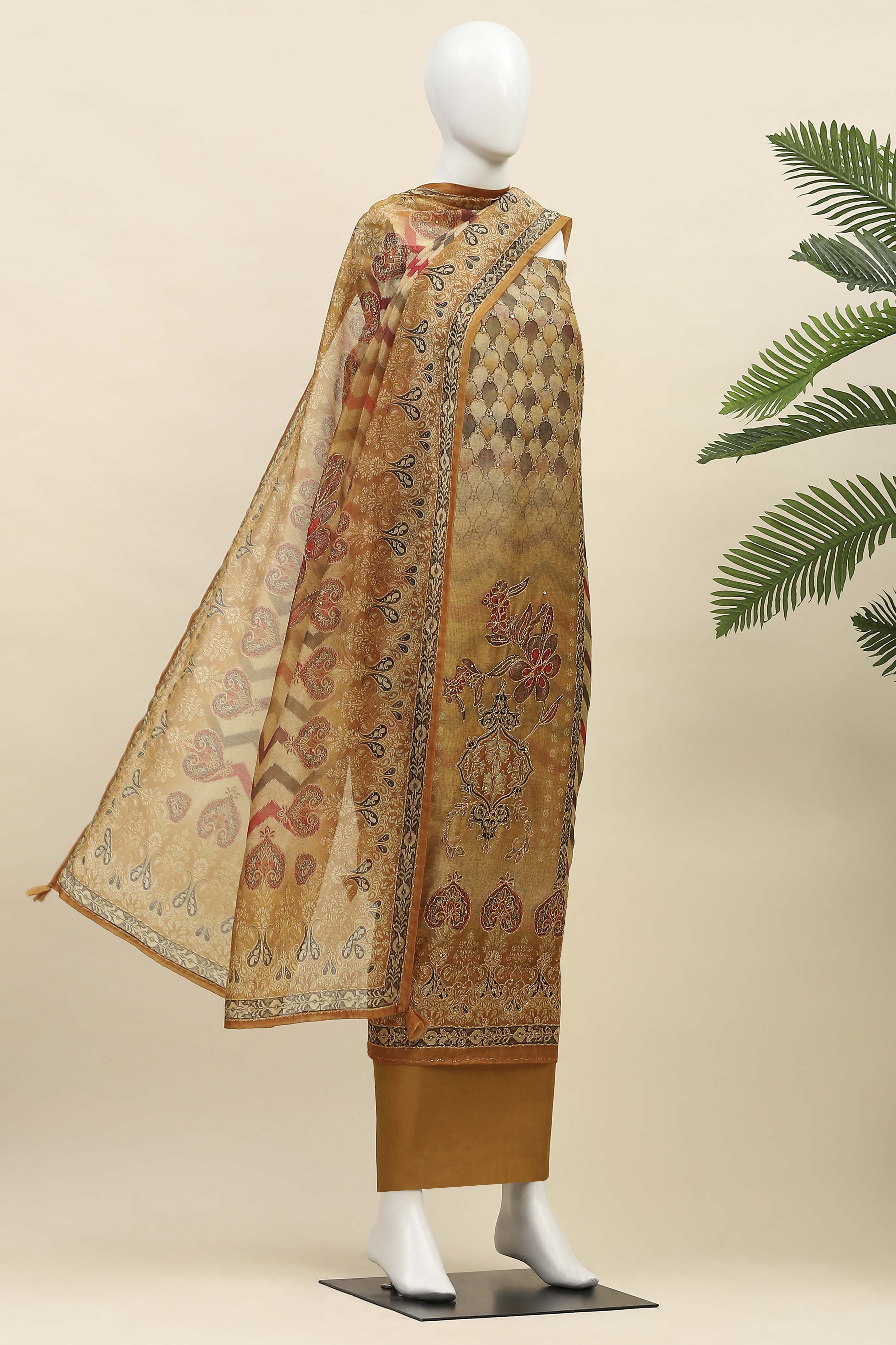 Light Red Chanderi Unstitched Suit Set image number 4