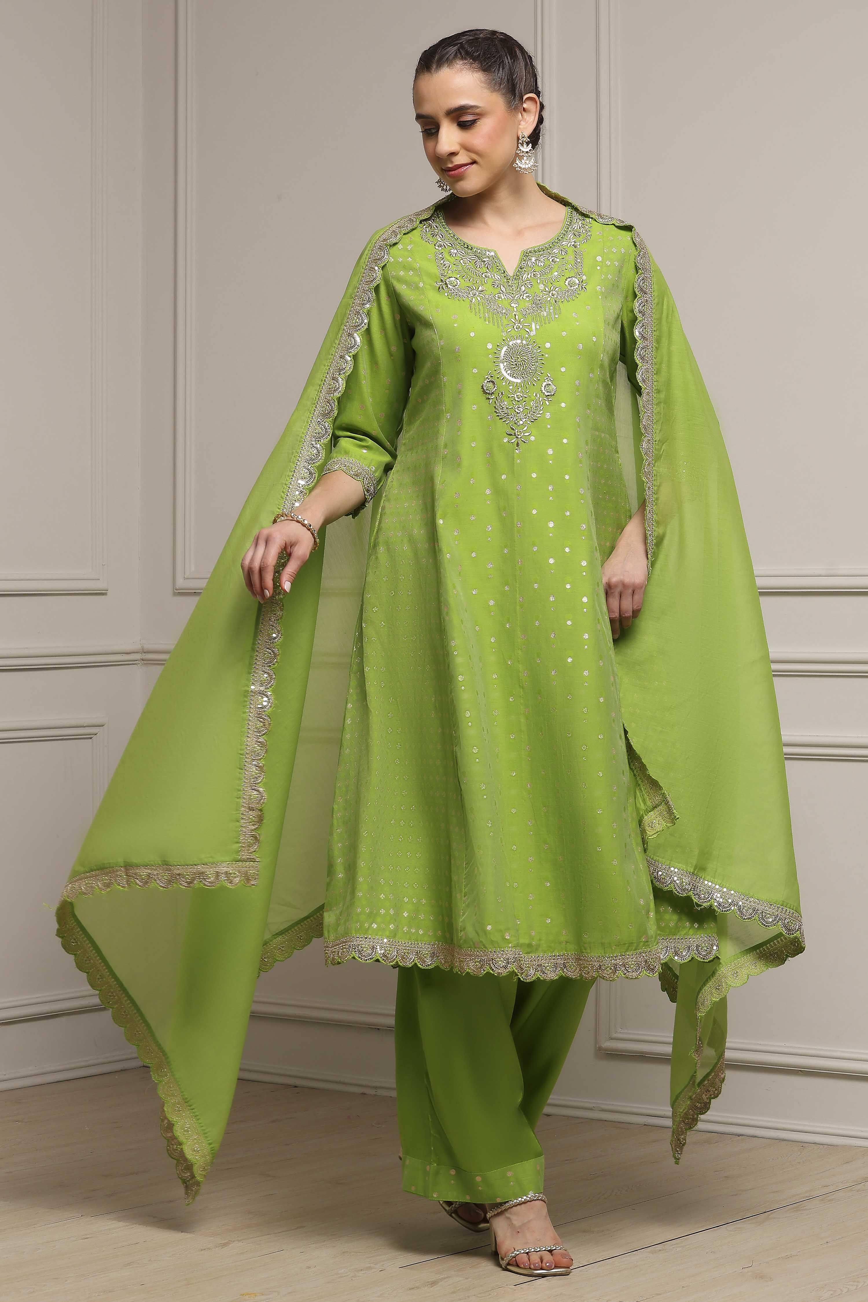 Lime Green Cotton A-Line Yarndyed Suit Set image number 0