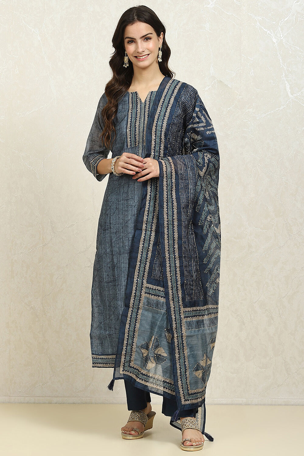 Grey Chanderi Blend Printed Unstitched Suit Set image number 1