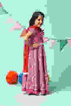 Red Cotton Short Top Lehenga Set image number 6