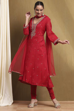Red Embroidered Festive Kalidar Suit Set image number 0