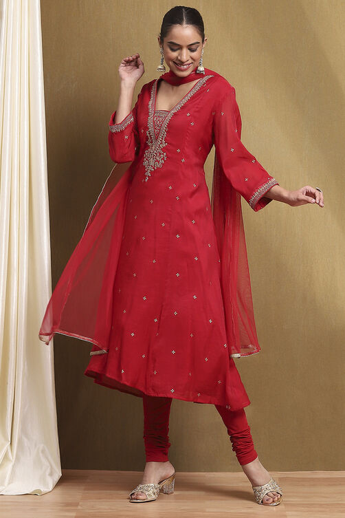 Red Embroidered Festive Kalidar Suit Set image number 0
