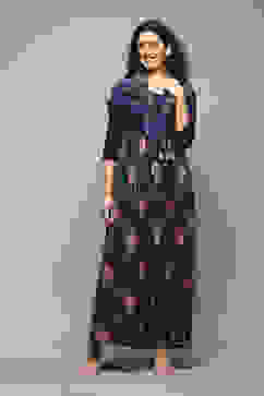 Navy LIVA Flared Solid Dress image number 7