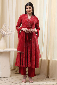 Red Printed Angrakha Style Anarkali Suit Set image number 6