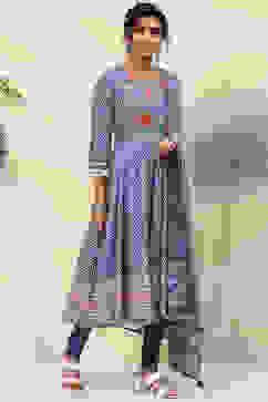 White And Blue Cotton Anarkali Kurta Churidar Suit Set image number 6