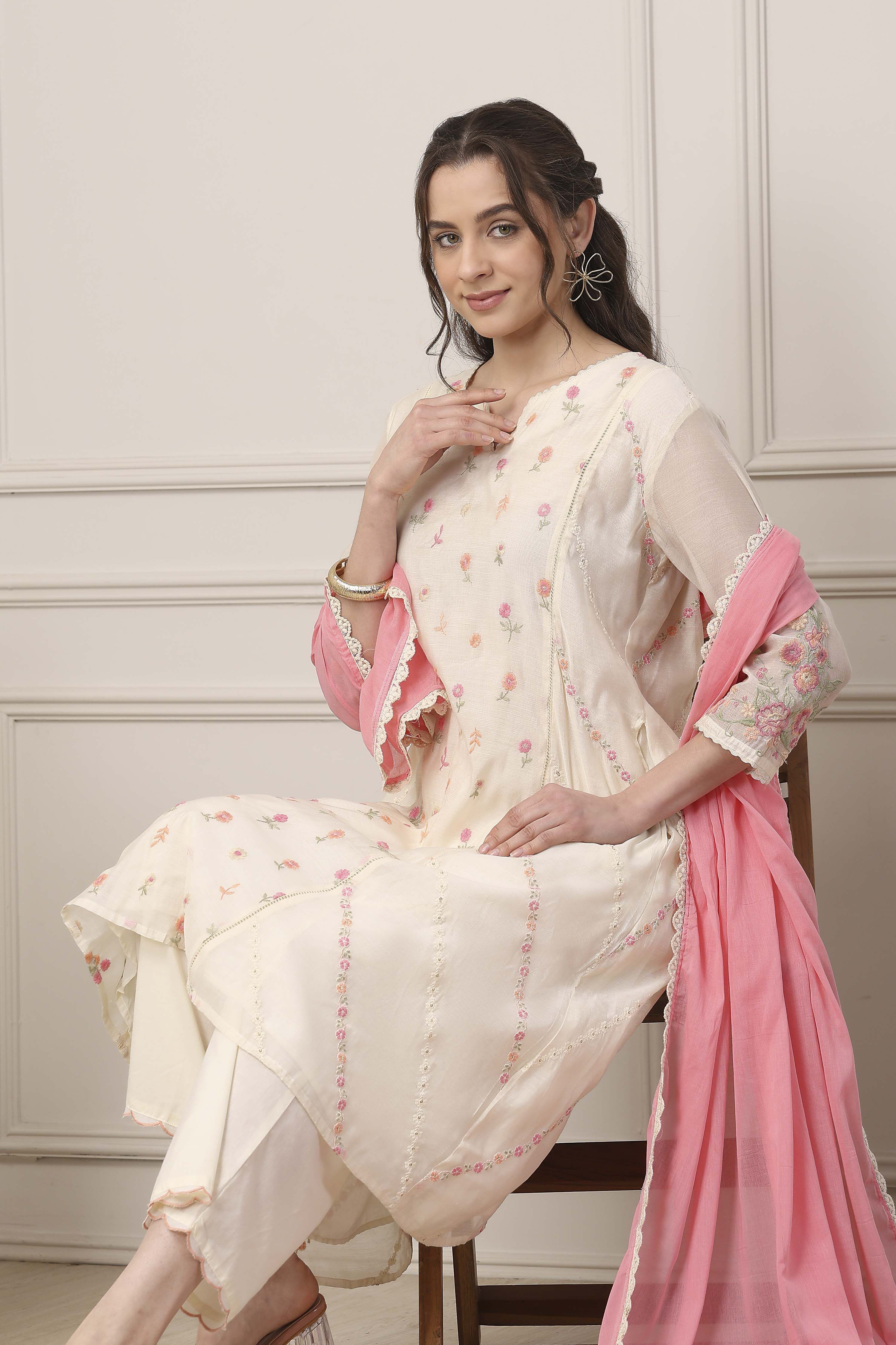 White Poly Chanderi Kalidar Suit Set image number 7