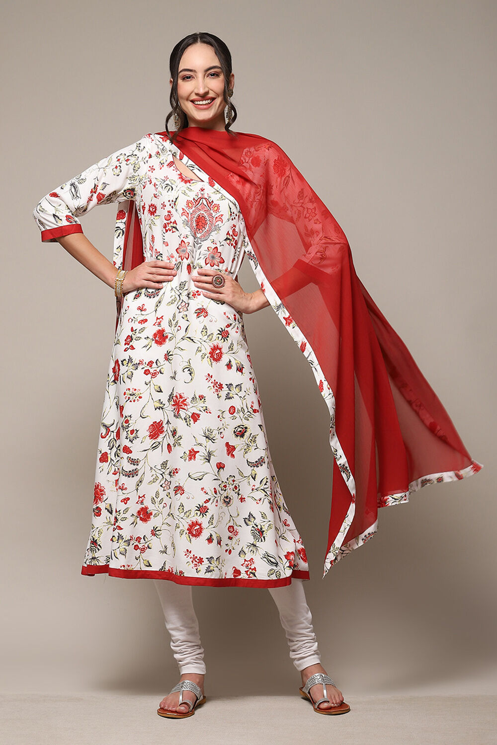 Off White Rayon Anarkali Kurta Churidar Suit Set image number 0