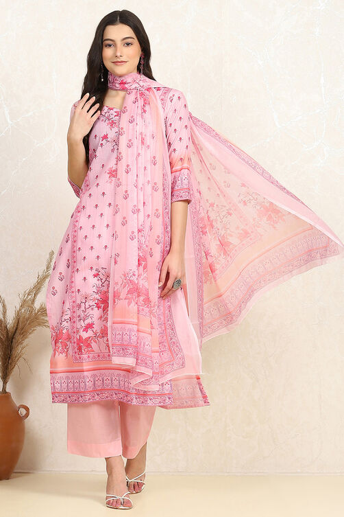 Pink Cotton Digital Print Unstitched Suit Set image number 1