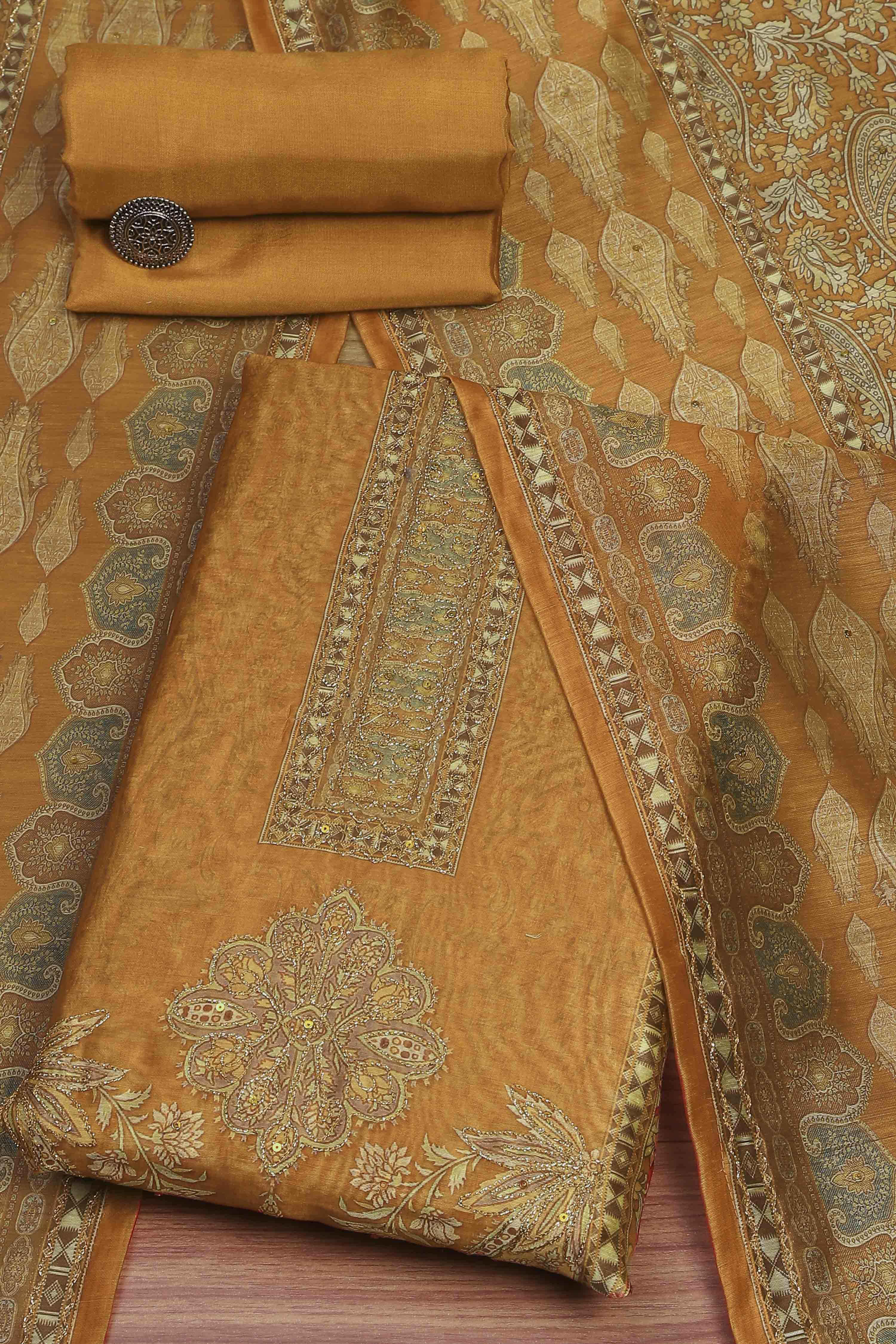Rust Cotton Printed Unstitched Kurta Set image number 0