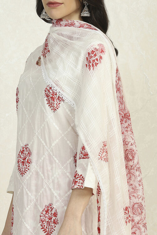 White Pink Cotton Hand Block Print Unstitched Suit Set image number 2