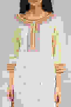 White Cotton Hand Block Print Unstitched Suit Set image number 2