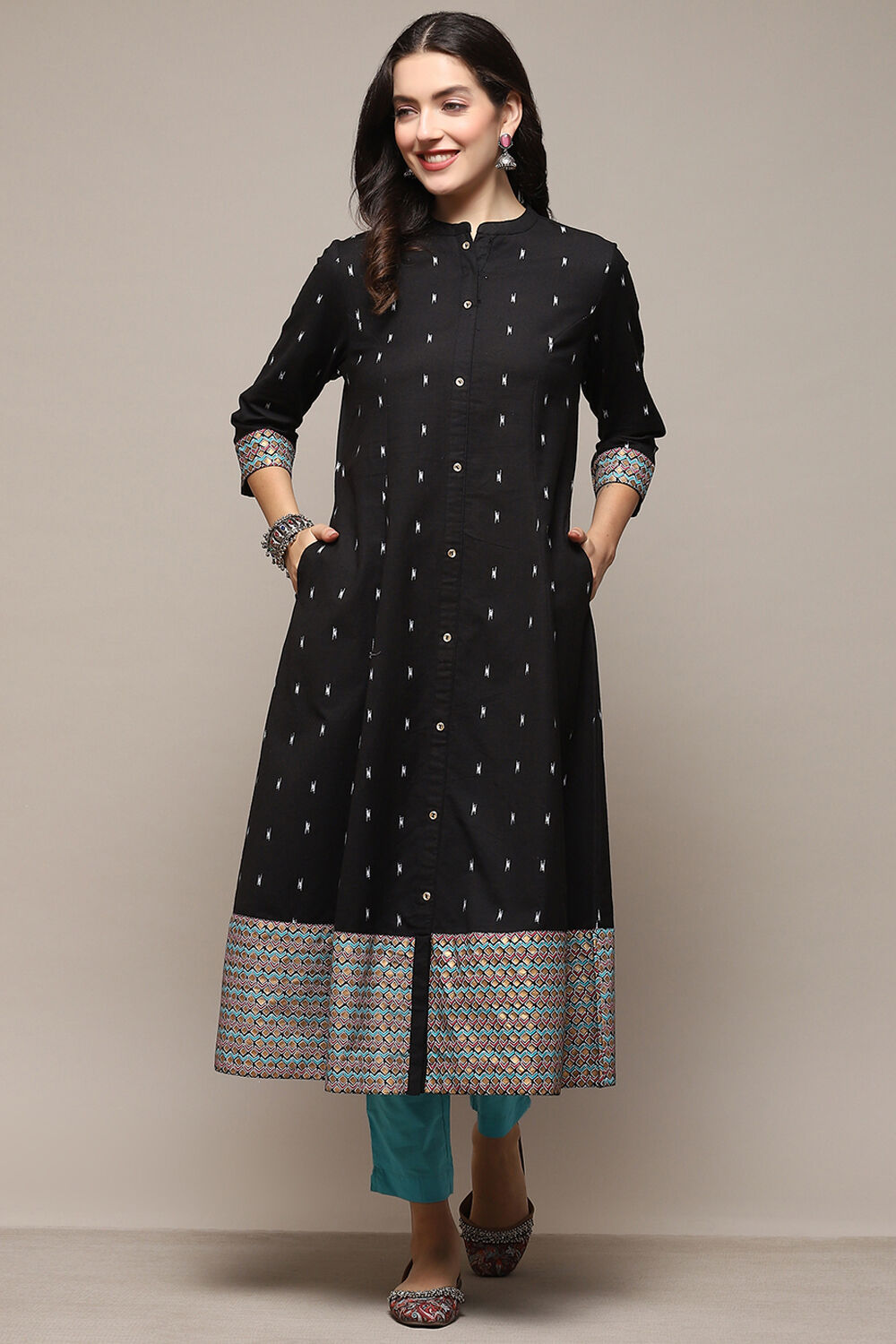 Black Cotton Flax Printed A-Line Kurta image number 5