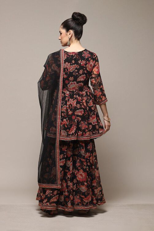 Black Floral Printed Flared Kurti & Garara Suit Set image number 4