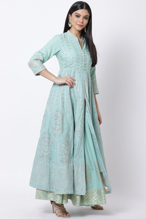 Mint Green Cotton Anarkali Kurta Lehenga Suit Set image number 3