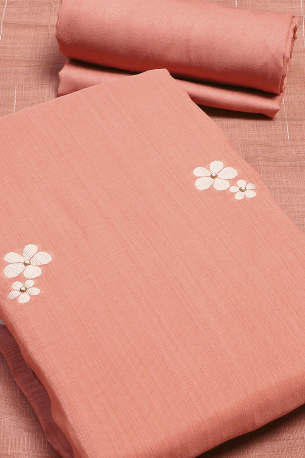 Peach Chanderi Unstitched Suit Set image number 4