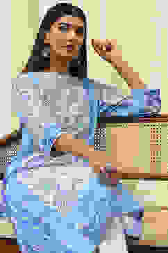 Blue and White Cotton Printed Straight Kurta image number 0